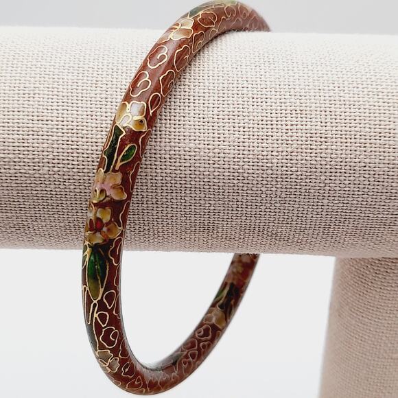Vintage 1960s Cloisonne Enamel Floral Bangle Bracelet - Picture 5 of 9